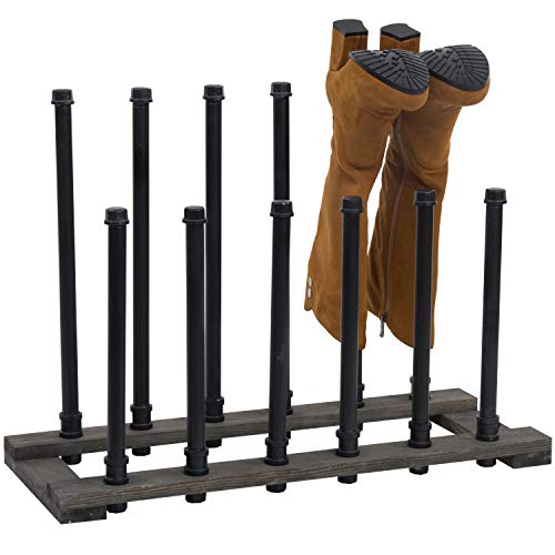 MyGift Industrial Black Metal Pipe Free Standing Boot Rack Stand with Rustic Gray Solid Wood Base, Entryway Boot Rack Organizer Tall Boots, Holds 6 Pairs