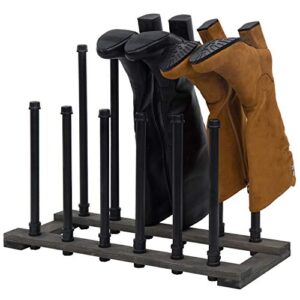 MyGift Industrial Black Metal Pipe Free Standing Boot Rack Stand with Rustic Gray Solid Wood Base, Entryway Boot Rack Organizer Tall Boots, Holds 6 Pairs