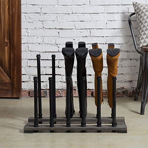 MyGift Industrial Black Metal Pipe Free Standing Boot Rack Stand with Rustic Gray Solid Wood Base, Entryway Boot Rack Organizer Tall Boots, Holds 6 Pairs