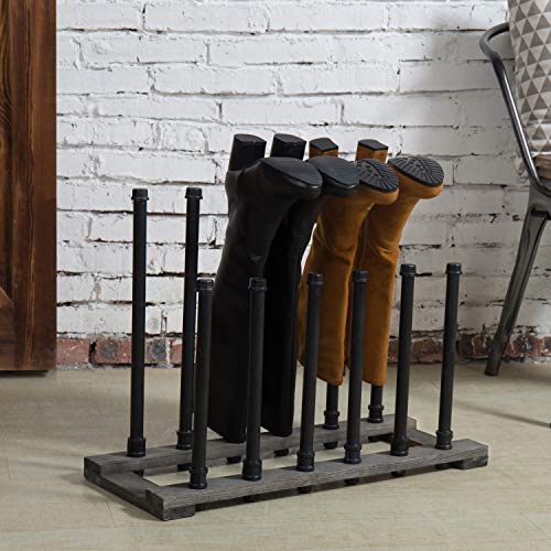 MyGift Industrial Black Metal Pipe Free Standing Boot Rack Stand with Rustic Gray Solid Wood Base, Entryway Boot Rack Organizer Tall Boots, Holds 6 Pairs