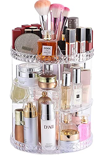 Cq acrylic 360 Degree Rotating Makeup Organizer for Bathroom,4 Tier Adjustable Spinning Cosmetic Storage Cases and Make Up Holder Display Cases,Clear