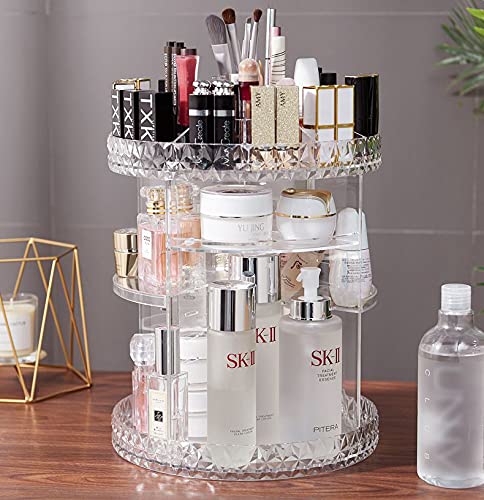 Cq acrylic 360 Degree Rotating Makeup Organizer for Bathroom,4 Tier Adjustable Spinning Cosmetic Storage Cases and Make Up Holder Display Cases,Clear