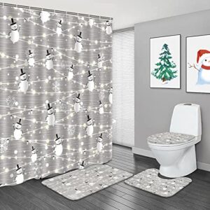alishomtll 4 pcs merry christmas shower curtain sets with non-slip rugs, toilet lid cover and bath mat, xmas snowman shower curtains with 12 hooks, snowflake shower curtains for bathroom decoration