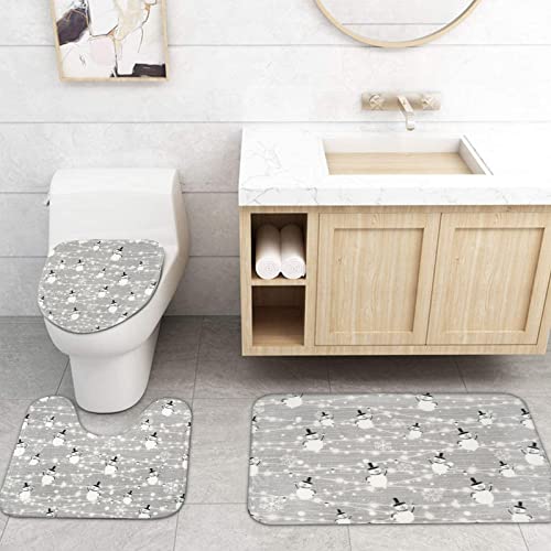 Alishomtll 4 Pcs Merry Christmas Shower Curtain Sets with Non-Slip Rugs, Toilet Lid Cover and Bath Mat, Xmas Snowman Shower Curtains with 12 Hooks, Snowflake Shower Curtains for Bathroom Decoration