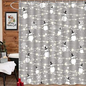 Alishomtll 4 Pcs Merry Christmas Shower Curtain Sets with Non-Slip Rugs, Toilet Lid Cover and Bath Mat, Xmas Snowman Shower Curtains with 12 Hooks, Snowflake Shower Curtains for Bathroom Decoration