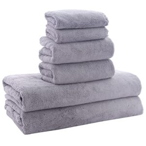 moonqueen ultra soft towel set - quick drying - 2 bath towels 2 hand towels 2 washcloths - microfiber coral velvet highly absorbent towel for bath fitness, bathroom, sports, yoga, travel-grey 6 pcs