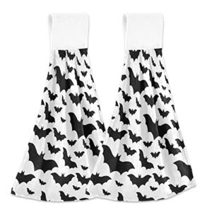 auuxva cute bats pattern hanging kitchen hand towels 2 pack, halloween print soft coral velvet towel for bathroom decor washcloth absorbent dish tie towels