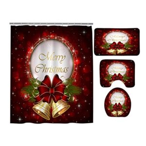 Kerally 4Pcs Merry Christmas Bathroom Sets, Waterproof Christmas Shower Curtain, Non-Slip Carpet, Toilet Mat and Floor Mat Shower Curtain Set for Holiday Decoration