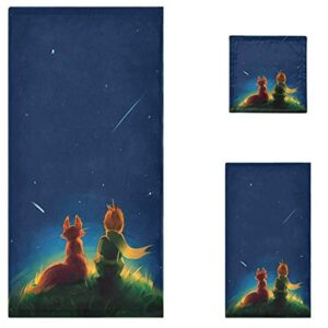 naanle magic little prince fox sitting on grass under starry sky soft set of 3 towels, 1 bath towel+1 hand towel+1 washcloth, multipurpose for bathroom, hotel, gym, spa and beach
