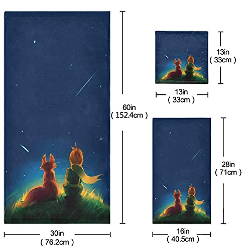 Naanle Magic Little Prince Fox Sitting on Grass Under Starry Sky Soft Set of 3 Towels, 1 Bath Towel+1 Hand Towel+1 Washcloth, Multipurpose for Bathroom, Hotel, Gym, Spa and Beach