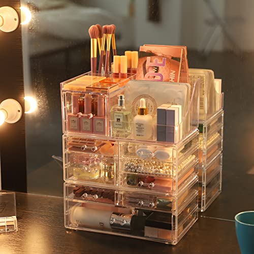 Cq acrylic Makeup Desk Cosmetic Storage Organizer with Drawers for Dressing Table,Vanity Countertop,Bathroom Counter,Elegant Vanity Holder for Brushes,Eyeshadow,Lotions,Lipstick and Nail Polish