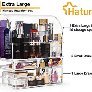 Haturi Makeup Organizer, Large Acrylic Skincare Organizer W/Lid, Dustproof Waterproof Cosmetic Display Case with Drawers for Vanity Bathroom Countertop, Makeup Storage Box for Perfume - Clear