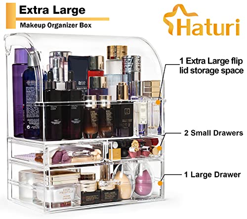 Haturi Makeup Organizer, Large Acrylic Skincare Organizer W/Lid, Dustproof Waterproof Cosmetic Display Case with Drawers for Vanity Bathroom Countertop, Makeup Storage Box for Perfume - Clear