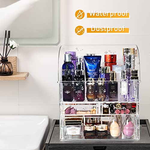 Haturi Makeup Organizer, Large Acrylic Skincare Organizer W/Lid, Dustproof Waterproof Cosmetic Display Case with Drawers for Vanity Bathroom Countertop, Makeup Storage Box for Perfume - Clear