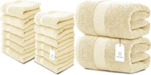 white classic luxury cotton washcloths | 12 pack luxury bath sheet | 2 pack bundle (beige)