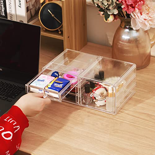 Stackable Makeup Organizer And Storage Set of 2 Under the Sink Medicine Drawers,Large Skin Care Cosmetic Display Case Make up Stands For Jewelry Beauty Skincare Product Organizing Clear 6 Drawers