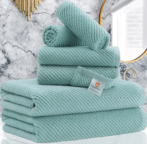 Towels for Bathroom,6 Pieces Gift Set,100% Cotton | Large | Soft | Quick Dry, 2 Bath towels 30×56inch, 2 Hand towels 18×28, 2 Wash Cloths 13×13,Dorm Bathroom Essentials, Teal | Aqua | Blue