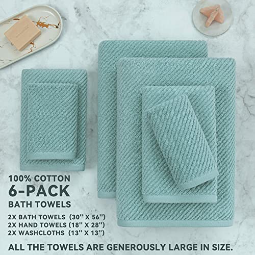 Towels for Bathroom,6 Pieces Gift Set,100% Cotton | Large | Soft | Quick Dry, 2 Bath towels 30×56inch, 2 Hand towels 18×28, 2 Wash Cloths 13×13,Dorm Bathroom Essentials, Teal | Aqua | Blue