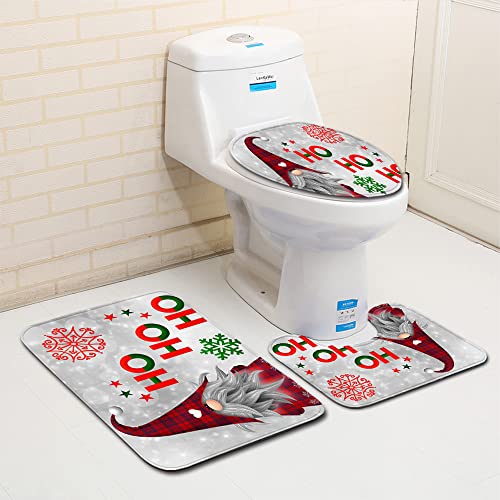 Christmas Gnome 3 Piece Bath Rugs Sets Xmas Tree Snowflake Bathroom Mats Set for Christmas Decorations U-Shaped Contour Toilet Lid Cover