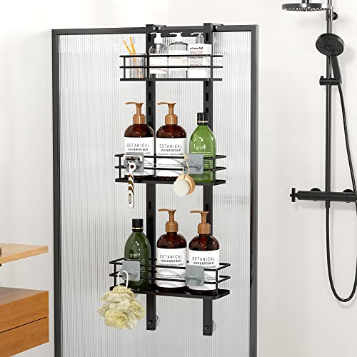 Orimade Adjustable Hanging Over the Shower Door Caddy with Hooks, Bathroom Organizer Shelf Storage Rack,No Drilling Rustproof Shower Basket for Inside Shower, Matt Black 3 Tier