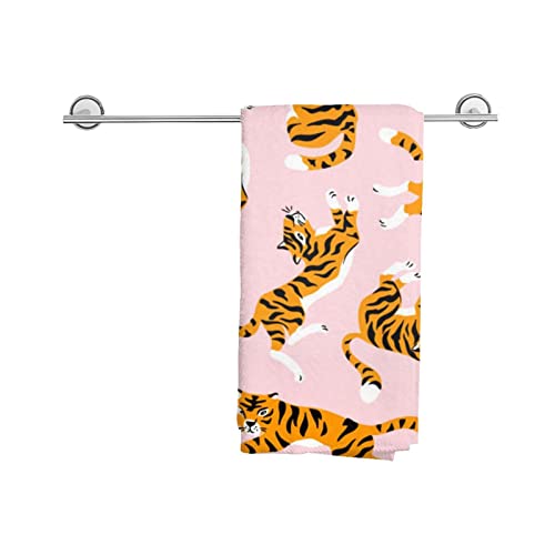 IconSymbol Cute Tigers On The Pink Hand Towel for Bathroom Kitchen Gym Washcloths Soft Highly Absorbent Multipurpose 27.5 X 15.7 Inch