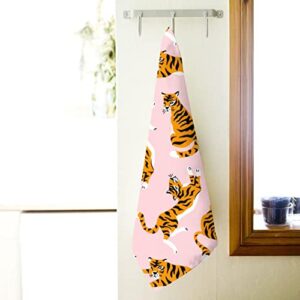 IconSymbol Cute Tigers On The Pink Hand Towel for Bathroom Kitchen Gym Washcloths Soft Highly Absorbent Multipurpose 27.5 X 15.7 Inch