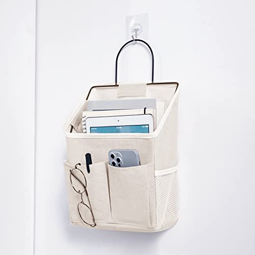 Wall Hanging Storage Basket Bag with Free Hooks,Bedside Storage Caddy,Dorm Room Essentials(2PC,White)