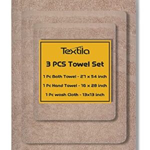 Textila Cotton Towel Set - 3 Piece Set Includes 1 Bath Towels, 1 Hand Towels, and 1 Washcloths - Soft and Absorbent Towel Set for Bathroom - Beige Color Towels Ideal for Everyday Use