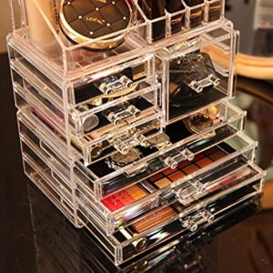 Cq acrylic Clear Makeup Storage Organizer Drawers Skin Care Large Cosmetic Display Cases Stackable Storage Box With 7 Drawers For Dresser,Set of 3