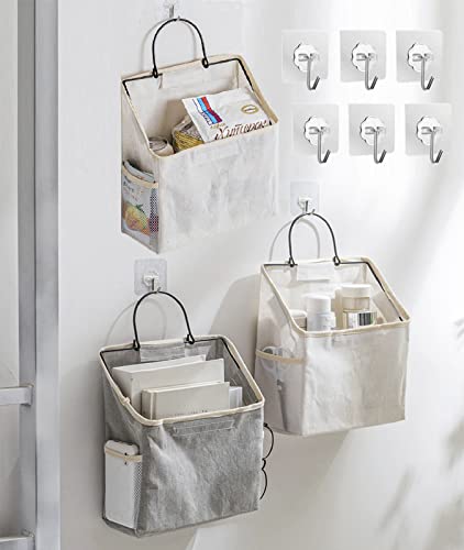 Wall Hanging Storage Bag (3 Pieces), Waterproof Hanging Bag Storage Wall Cotton & Linen Cloth Art Storage Bag, Student Dormitory Hanging Basket Bed Books Hanging Storage Bag for Store Clothes, Books