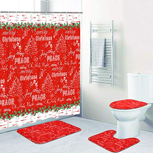 Alishomtll 4 Pcs Merry Christmas Shower Curtain Sets with Non-Slip Rugs, Toilet Lid Cover and Bath Mat, Christmas Tree Shower Curtain with 12 Hooks, Red Shower Curtain for Bathroom Decoration