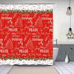 Alishomtll 4 Pcs Merry Christmas Shower Curtain Sets with Non-Slip Rugs, Toilet Lid Cover and Bath Mat, Christmas Tree Shower Curtain with 12 Hooks, Red Shower Curtain for Bathroom Decoration