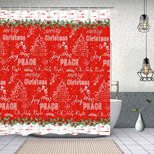 Alishomtll 4 Pcs Merry Christmas Shower Curtain Sets with Non-Slip Rugs, Toilet Lid Cover and Bath Mat, Christmas Tree Shower Curtain with 12 Hooks, Red Shower Curtain for Bathroom Decoration