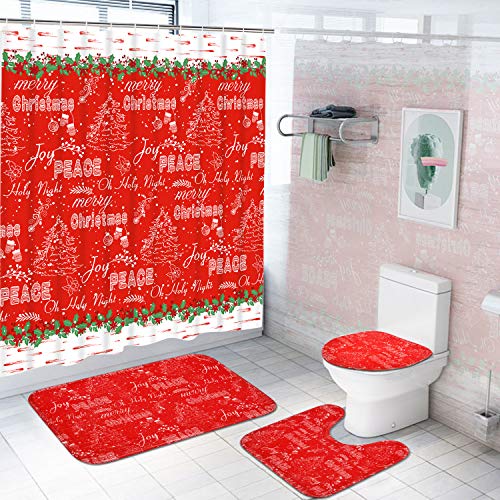 Alishomtll 4 Pcs Merry Christmas Shower Curtain Sets with Non-Slip Rugs, Toilet Lid Cover and Bath Mat, Christmas Tree Shower Curtain with 12 Hooks, Red Shower Curtain for Bathroom Decoration