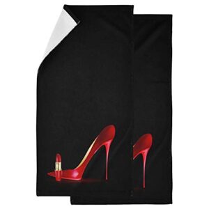 naanle trendy red shoe llipstick lady black 2 set soft fluffy guest home decor hand towels, multipurpose for bathroom, hotel, gym and spa (14" x 28")