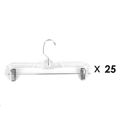 Super Heavy-Duty 14 inch Wide Clear Plastic Skirt or Pant Hangers with Swivel Hook and Adjustable Clips (Quantity 25) (Clear, 25)