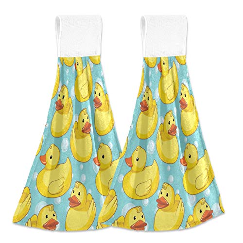 Kcldeci Hand Towels for Kitchen Cute Yellow Rubber Ducks Bathroom Hand Towels Kitchen Towels with Hanging Loop, Set of 2 Hanging Tie Towels