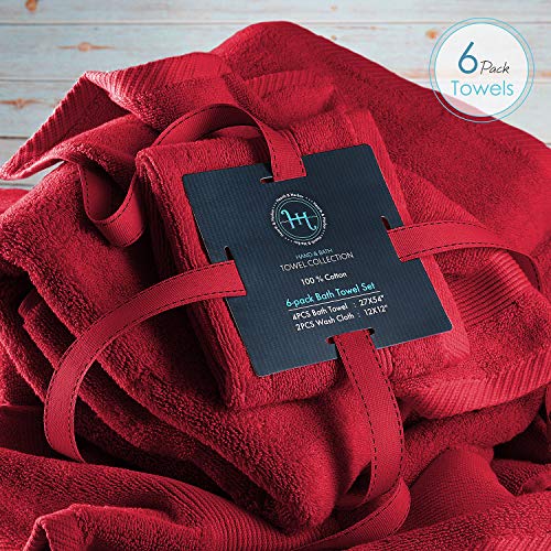 Hearth & Harbor Bath Towels for Bathroom - 100% Ring Spun Cotton Luxury Bathroom Towels - Ultra Soft & Highly Absorbent, Bath Towels Set of 6 - Red