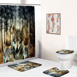 starblue-hgs forest animal wolf pack waterproof shower curtain set wolf king family wild beast bathroom bathtub mat toilet cover mat set