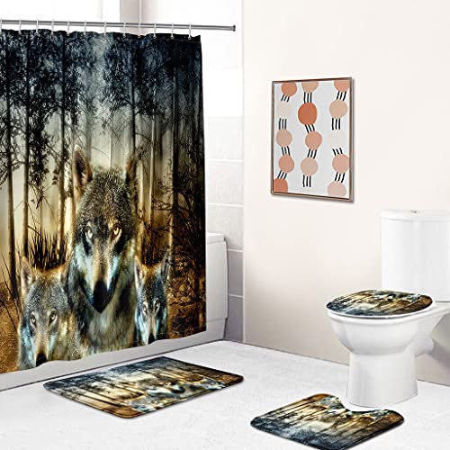 StarBlue-HGS Forest Animal Wolf Pack Waterproof Shower Curtain Set Wolf King Family Wild Beast Bathroom Bathtub Mat Toilet Cover Mat Set