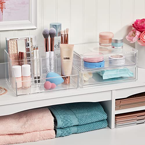 STORi Chloe Stackable Clear Makeup Holder and Double Organizer Drawer Set | Organize Cosmetics and Beauty Supplies | Made in USA