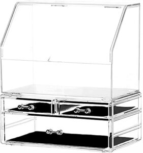 cq acrylic cosmetic display cases with lid dust water proof for bathroom countertop stackable large clear makeup organizer and storage with 3 drawers,set of 2