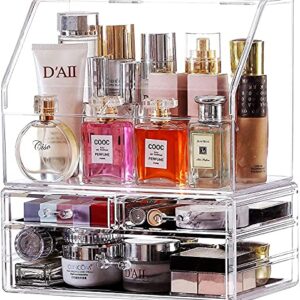 Cq acrylic Cosmetic Display Cases With LId Dust Water Proof for Bathroom Countertop Stackable Large Clear Makeup Organizer and Storage With 3 Drawers,Set of 2