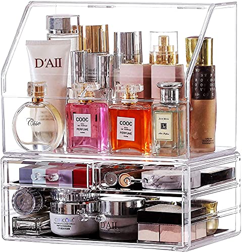 Cq acrylic Cosmetic Display Cases With LId Dust Water Proof for Bathroom Countertop Stackable Large Clear Makeup Organizer and Storage With 3 Drawers,Set of 2