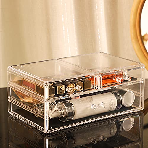 Cq acrylic Cosmetic Display Cases With LId Dust Water Proof for Bathroom Countertop Stackable Large Clear Makeup Organizer and Storage With 3 Drawers,Set of 2