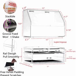 Cq acrylic Cosmetic Display Cases With LId Dust Water Proof for Bathroom Countertop Stackable Large Clear Makeup Organizer and Storage With 3 Drawers,Set of 2