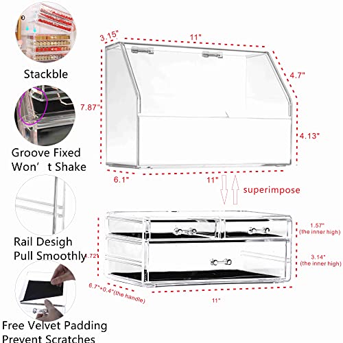 Cq acrylic Cosmetic Display Cases With LId Dust Water Proof for Bathroom Countertop Stackable Large Clear Makeup Organizer and Storage With 3 Drawers,Set of 2