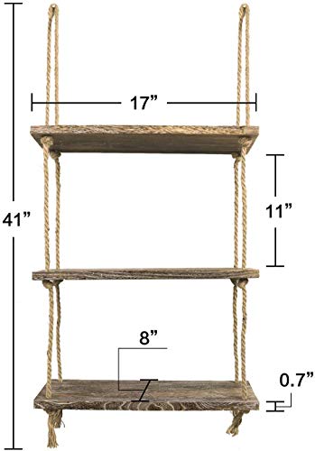 TIMEYARD Hanging Shelf Corner Wall Shelf, 3 Tier Distressed Wood Shelves with Jute Rope, Farmhouse Storage Organizer Rack Rustic Home Decor for Living Room Bedroom Bathroom Kitchen