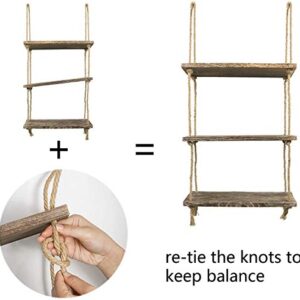 TIMEYARD Hanging Shelf Corner Wall Shelf, 3 Tier Distressed Wood Shelves with Jute Rope, Farmhouse Storage Organizer Rack Rustic Home Decor for Living Room Bedroom Bathroom Kitchen