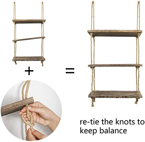 TIMEYARD Hanging Shelf Corner Wall Shelf, 3 Tier Distressed Wood Shelves with Jute Rope, Farmhouse Storage Organizer Rack Rustic Home Decor for Living Room Bedroom Bathroom Kitchen